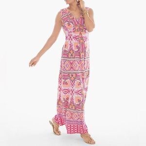 Chico’s Dress Women’s 1 / M / 8 Pink & Orange Printed Sleeveless V-Neck Maxi